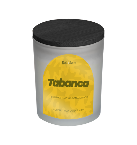 Eco-friendly coconut wax candle 8 oz. in Plumeria mango sandalwood scent by Ruth & Gem Home Goods