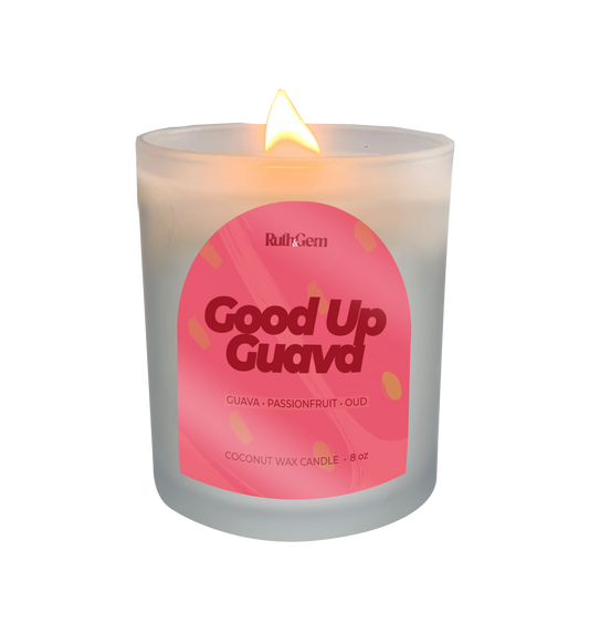 Eco-friendly coconut wax candle 8 oz. in Guava Passion Fruit Oud scent by Ruth & Gem Home Goods