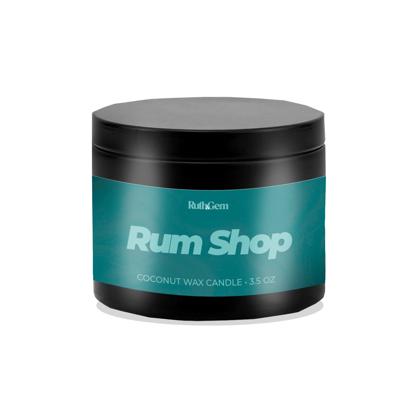 Eco-friendly coconut wax candle tin in Rum Shop scent by Ruth & Gem Home Goods